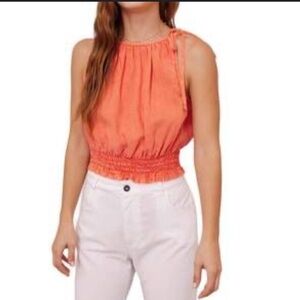 NWT Bella Dahl Smocked Waist Tie Neck Top medium Mandarin Orange